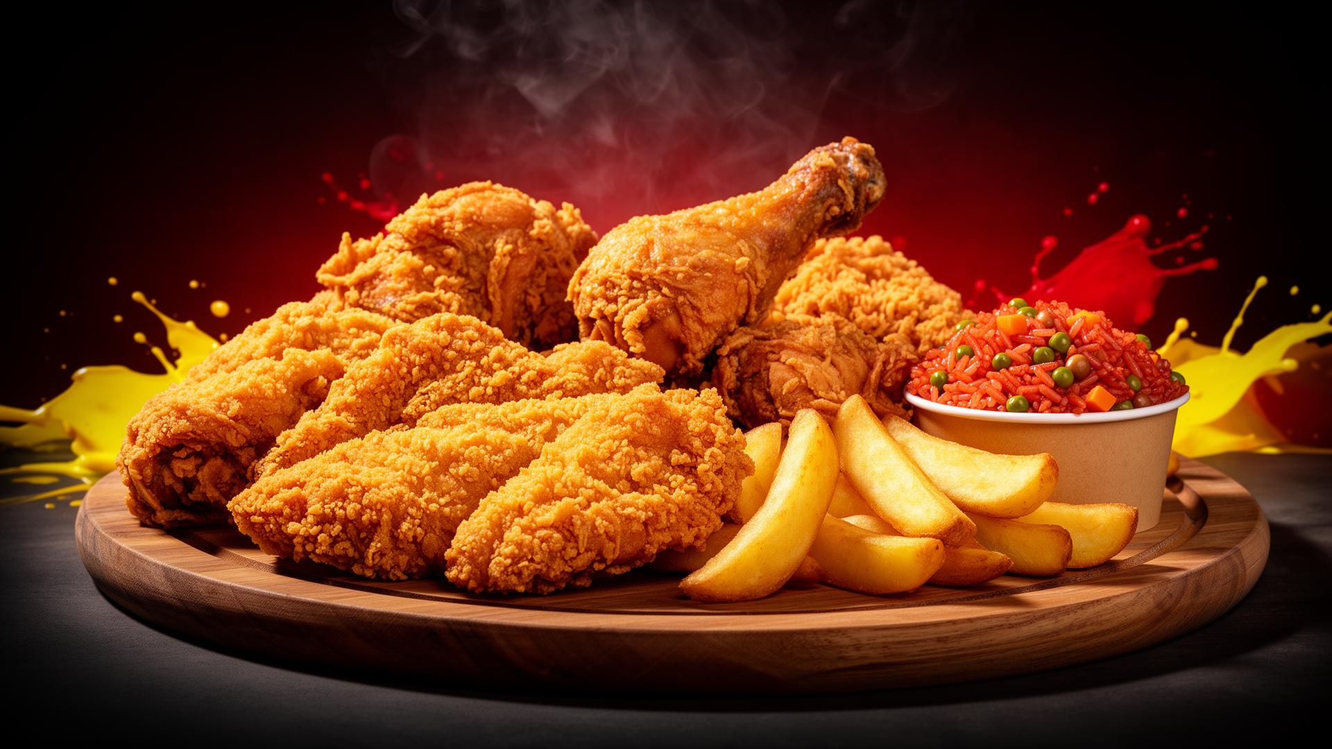 Charola con pollo frito crujiente, papas gajo y arroz rojo